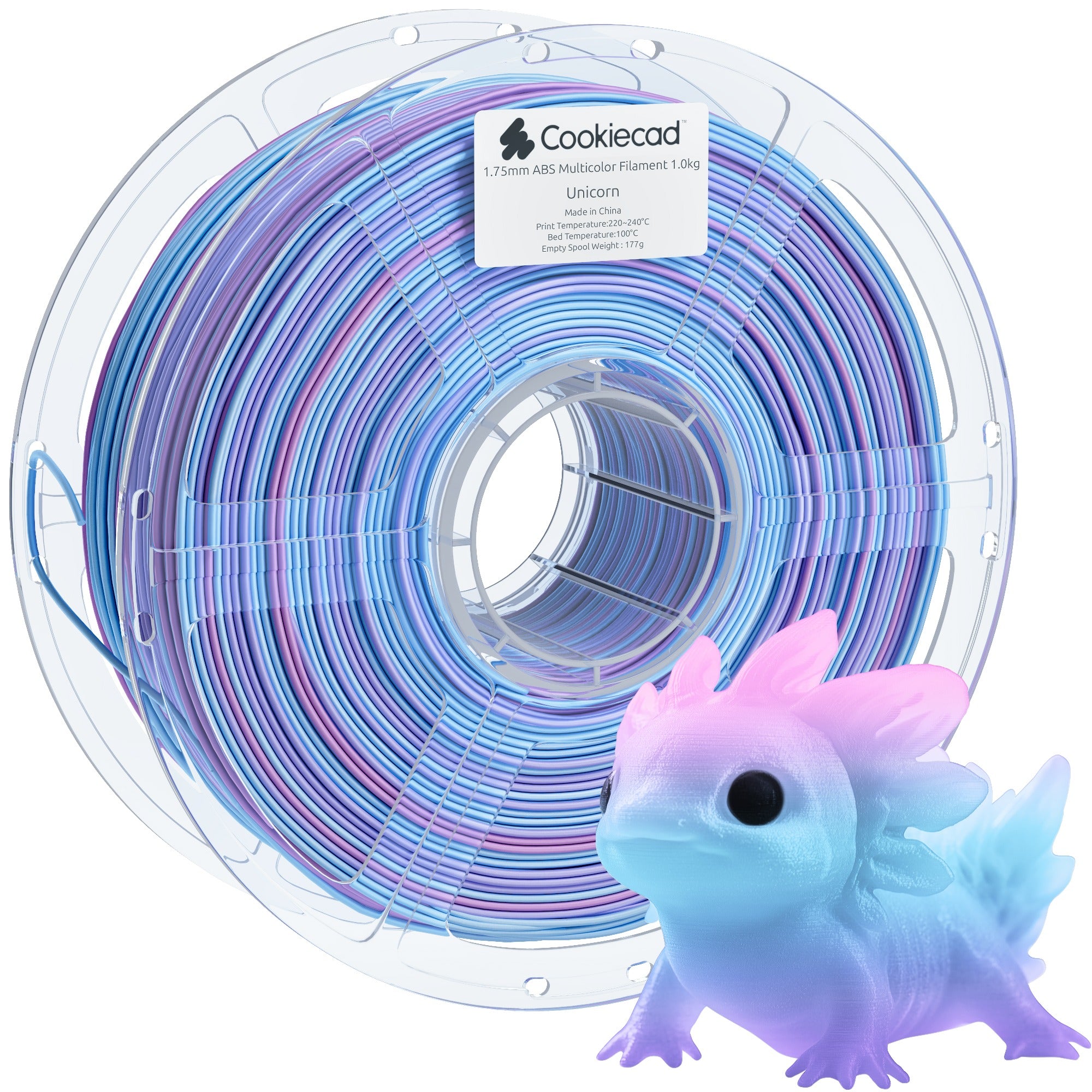 Cookiecad Unicorn ABS filament spool with a 3D printed axolotl