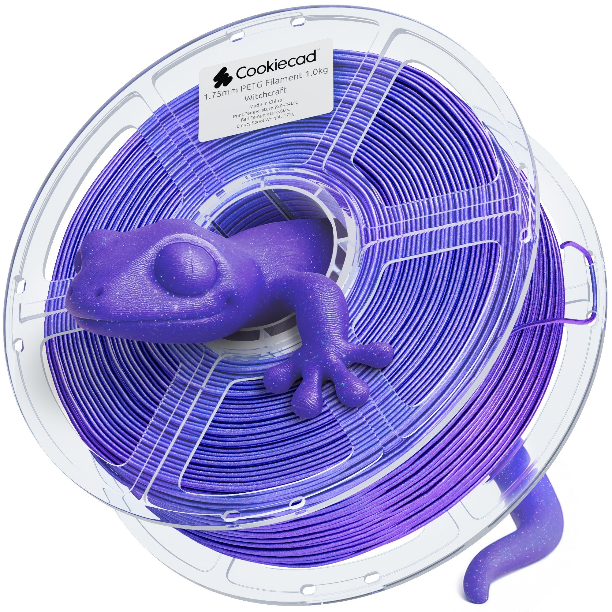 Cookiecad Witchcraft PETG filament spool with a 3D printed gecko