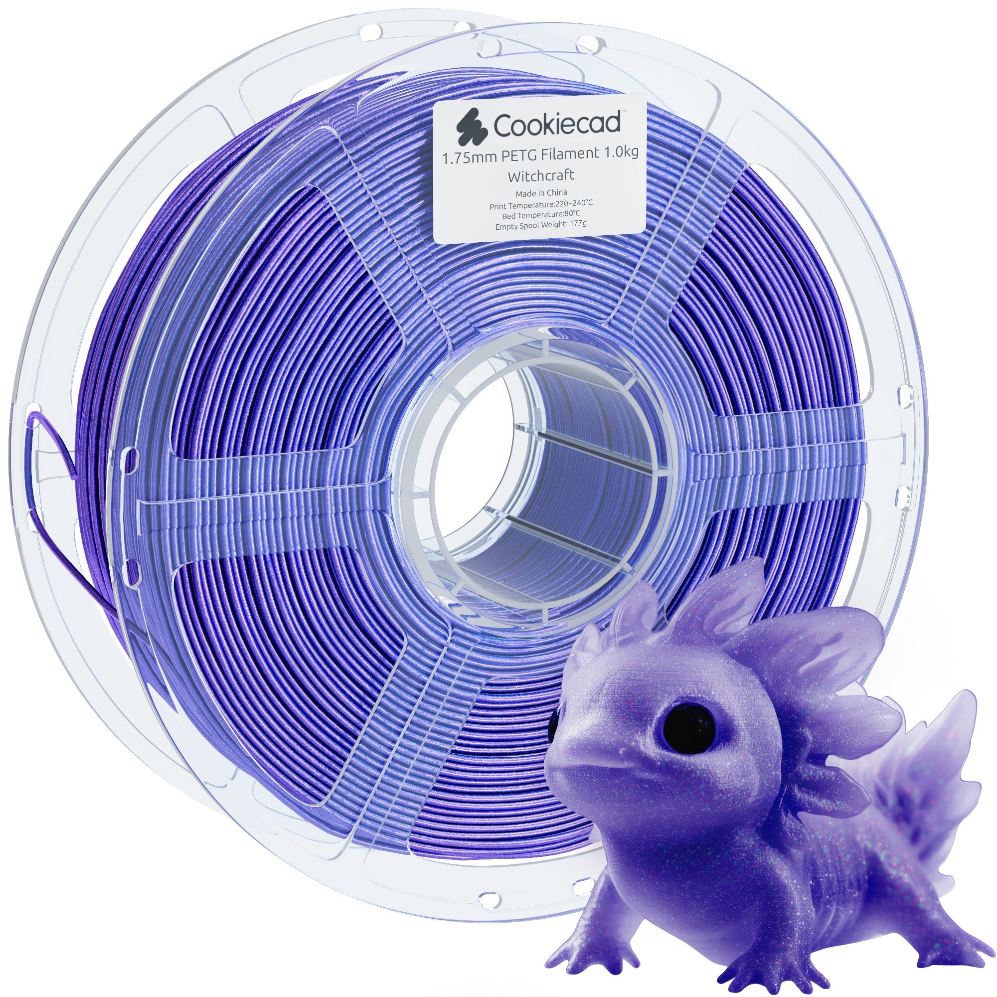 Cookiecad Witchcraft PETG filament spool with a 3D printed axolotl