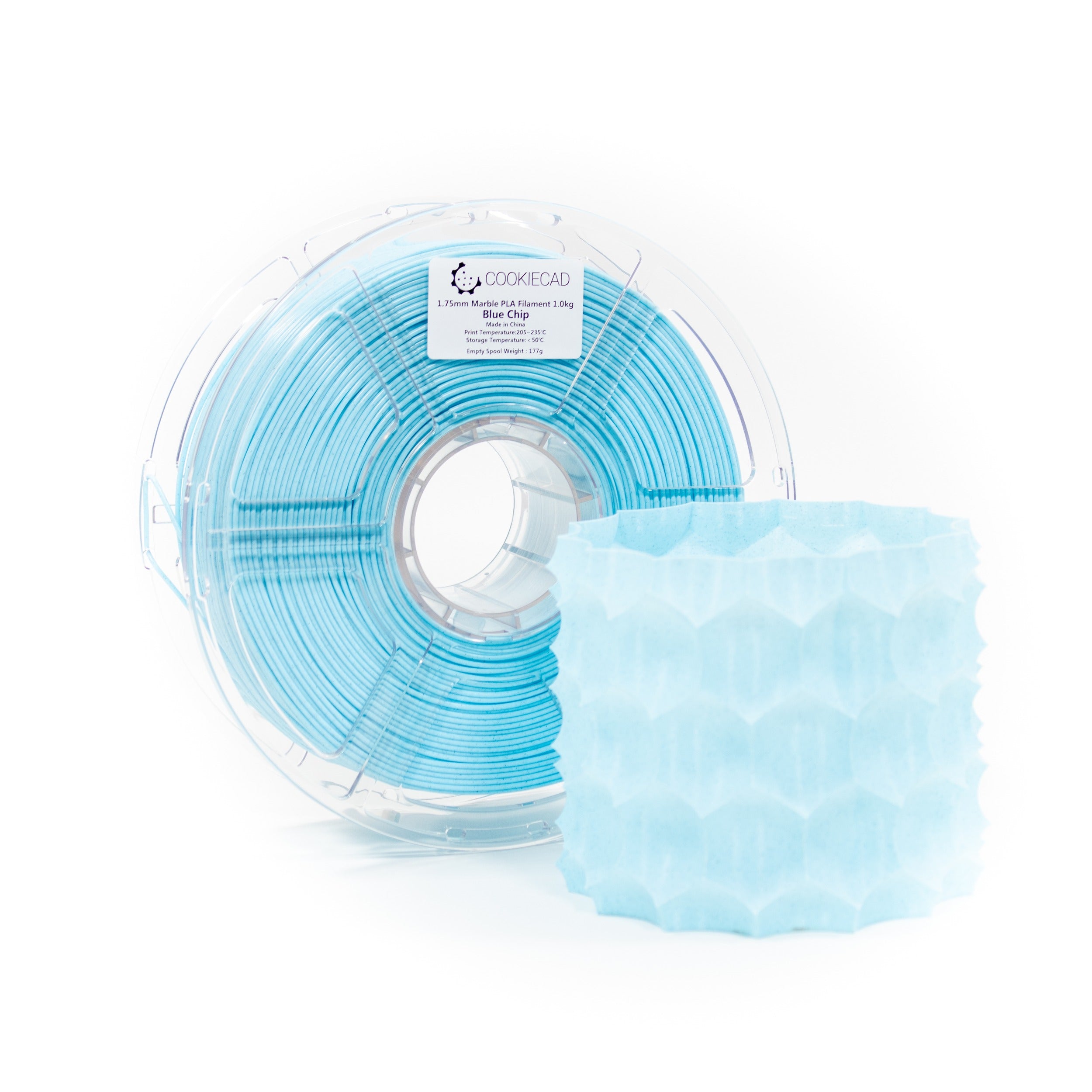 Cookiecad Blue Chip PLA filament spool with a 3D print