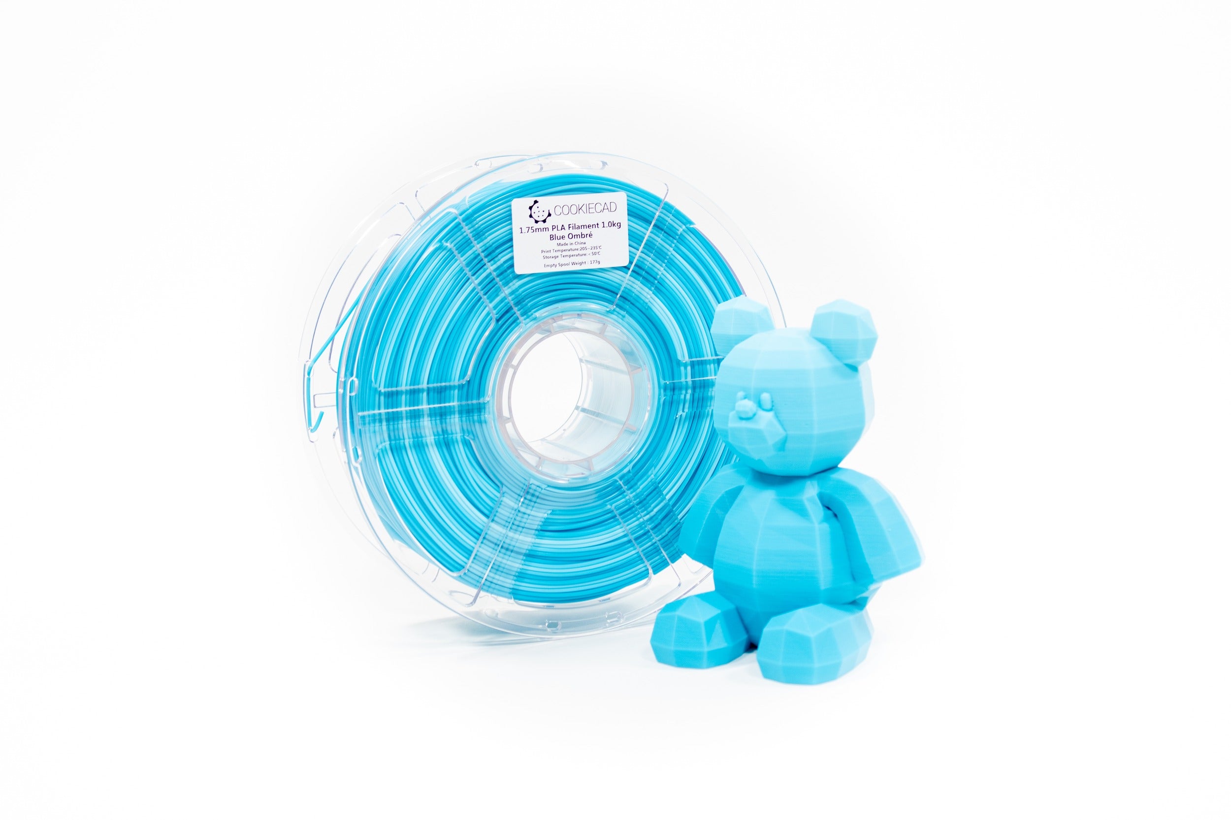 Cookiecad Blue Ombré PLA filament spool with a 3D print