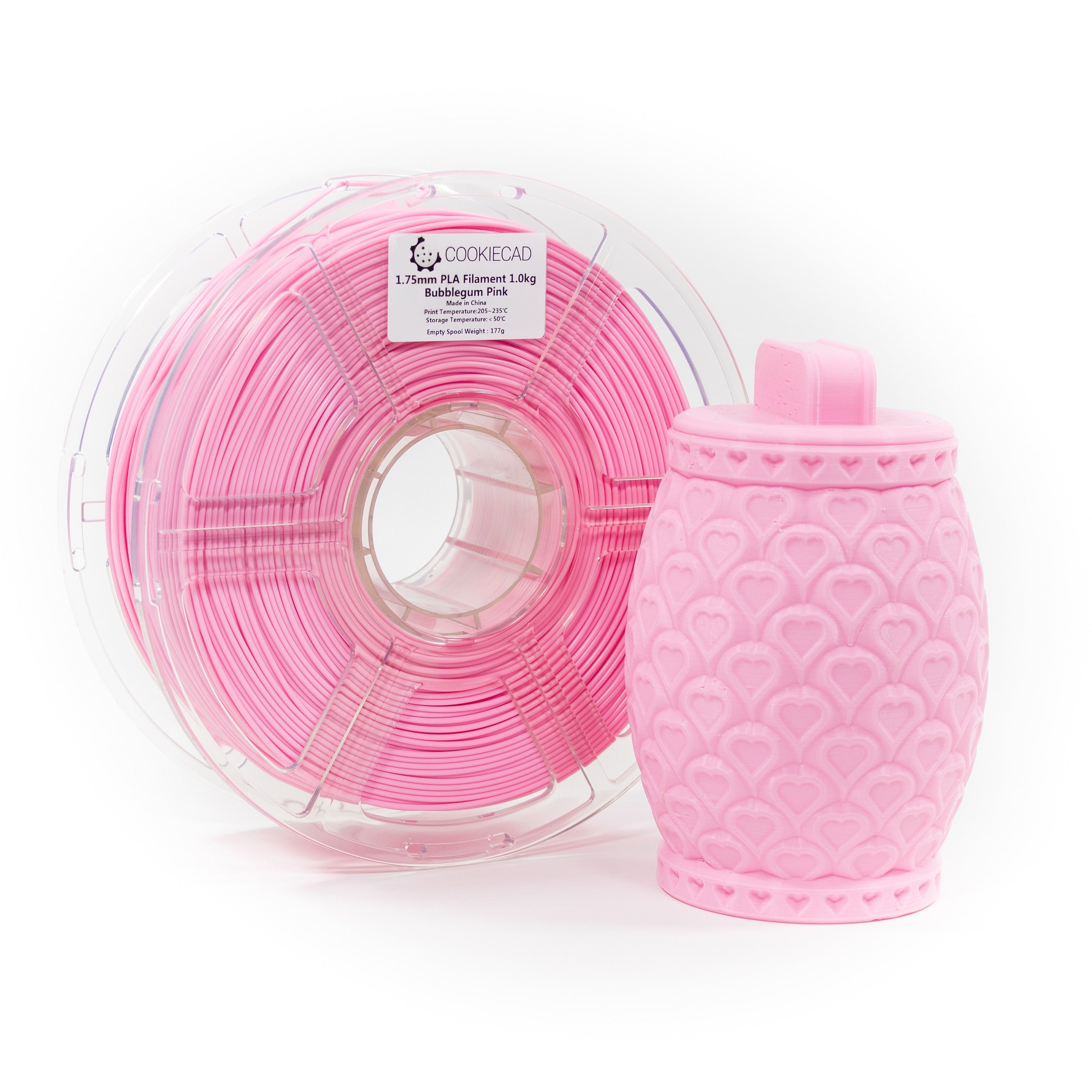 Cookiecad Bubblegum PLA filament spool with a 3D print