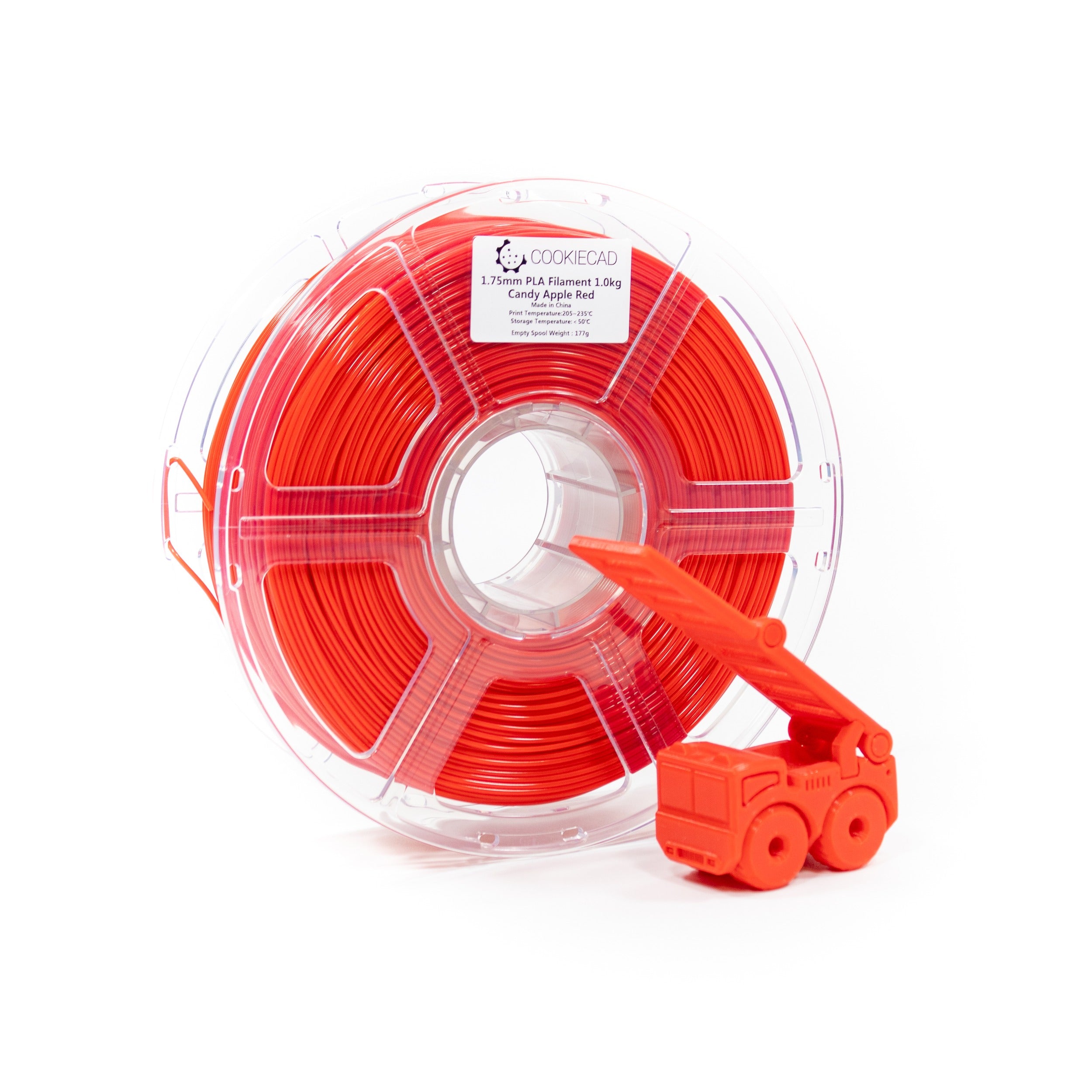 Cookiecad Candy Apple Red PLA filament spool with a 3D print