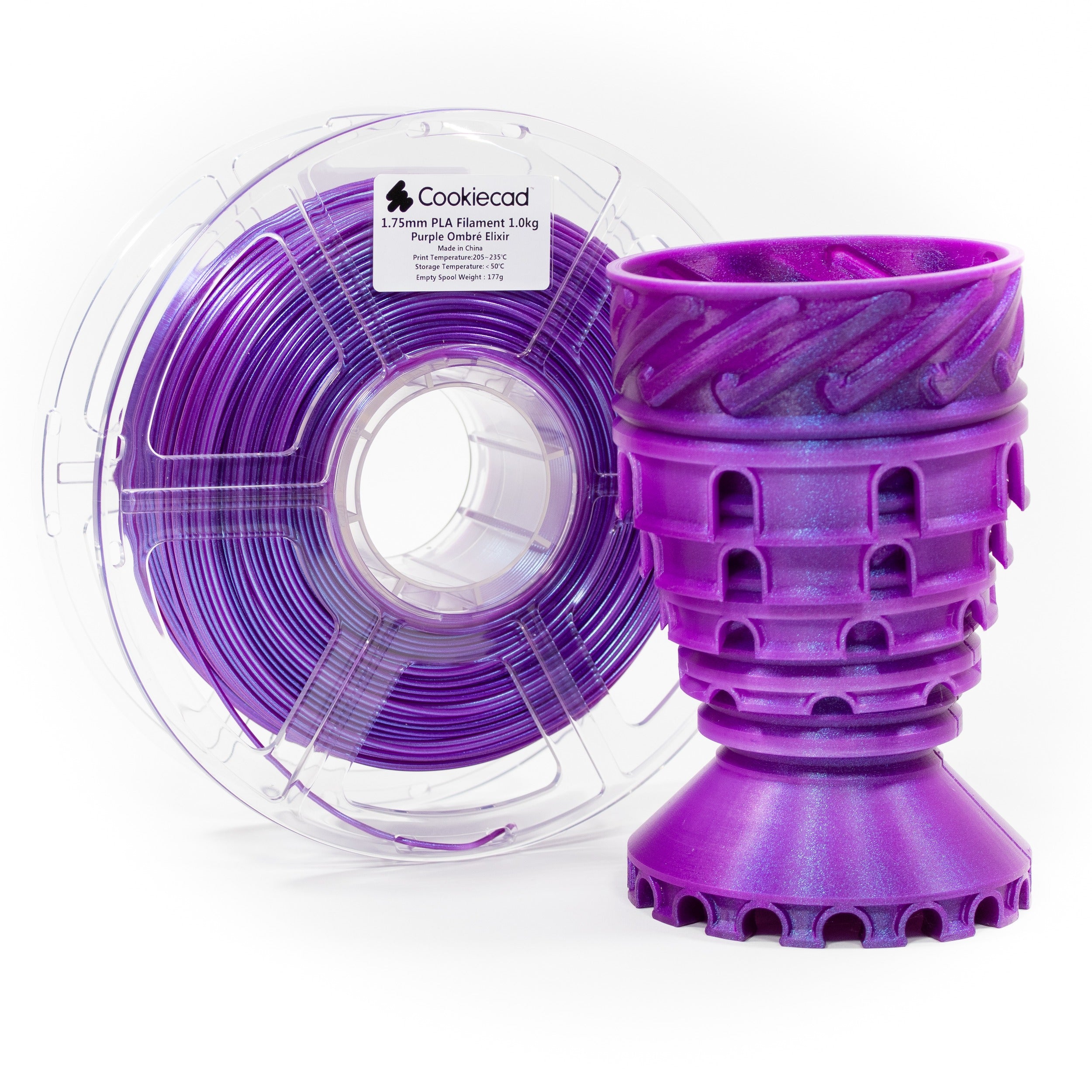 Cookiecad Purple Ombré PLA filament spool with a 3D print
