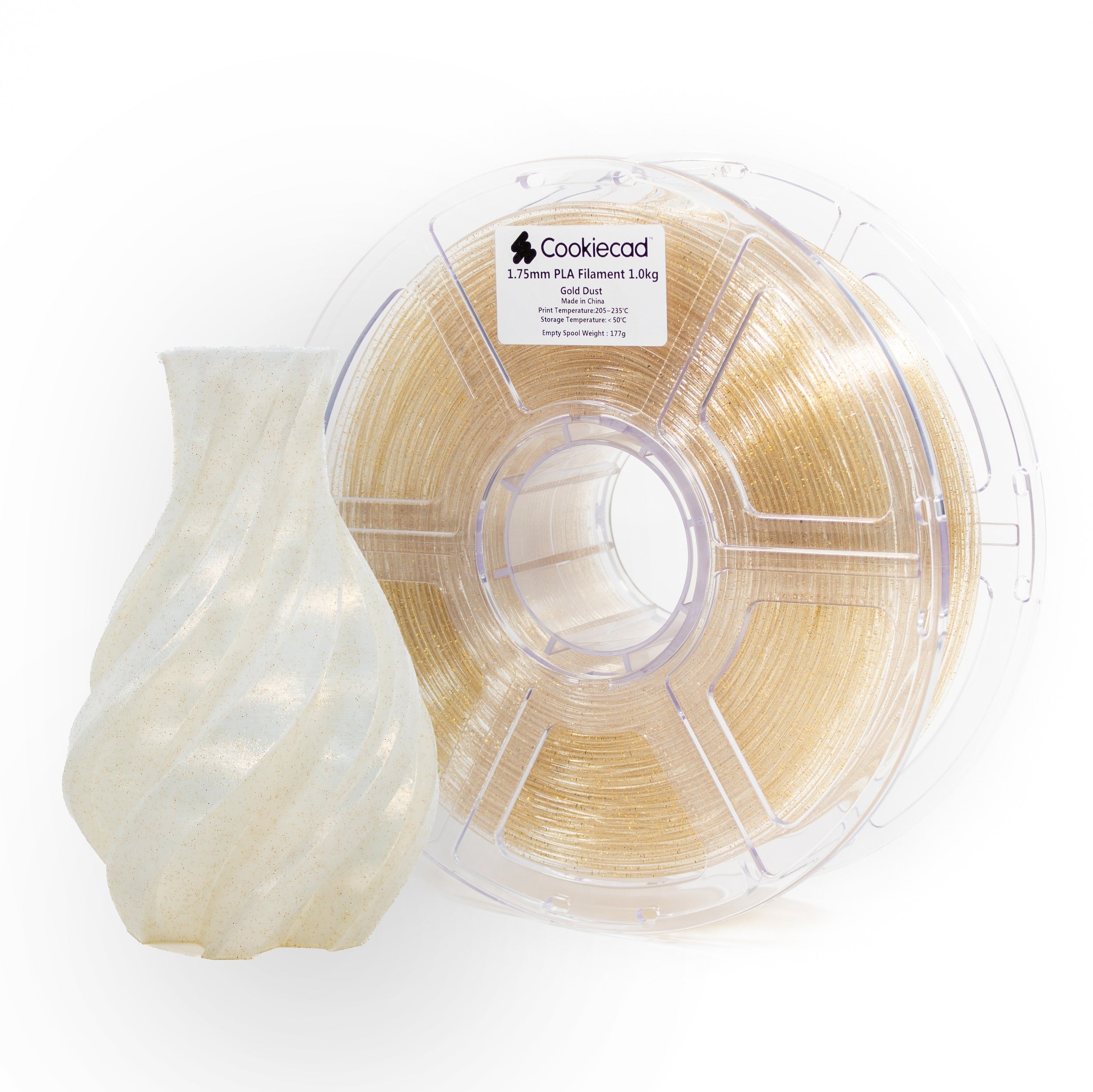 Cookiecad Gold Dust PLA filament spool with a 3D print