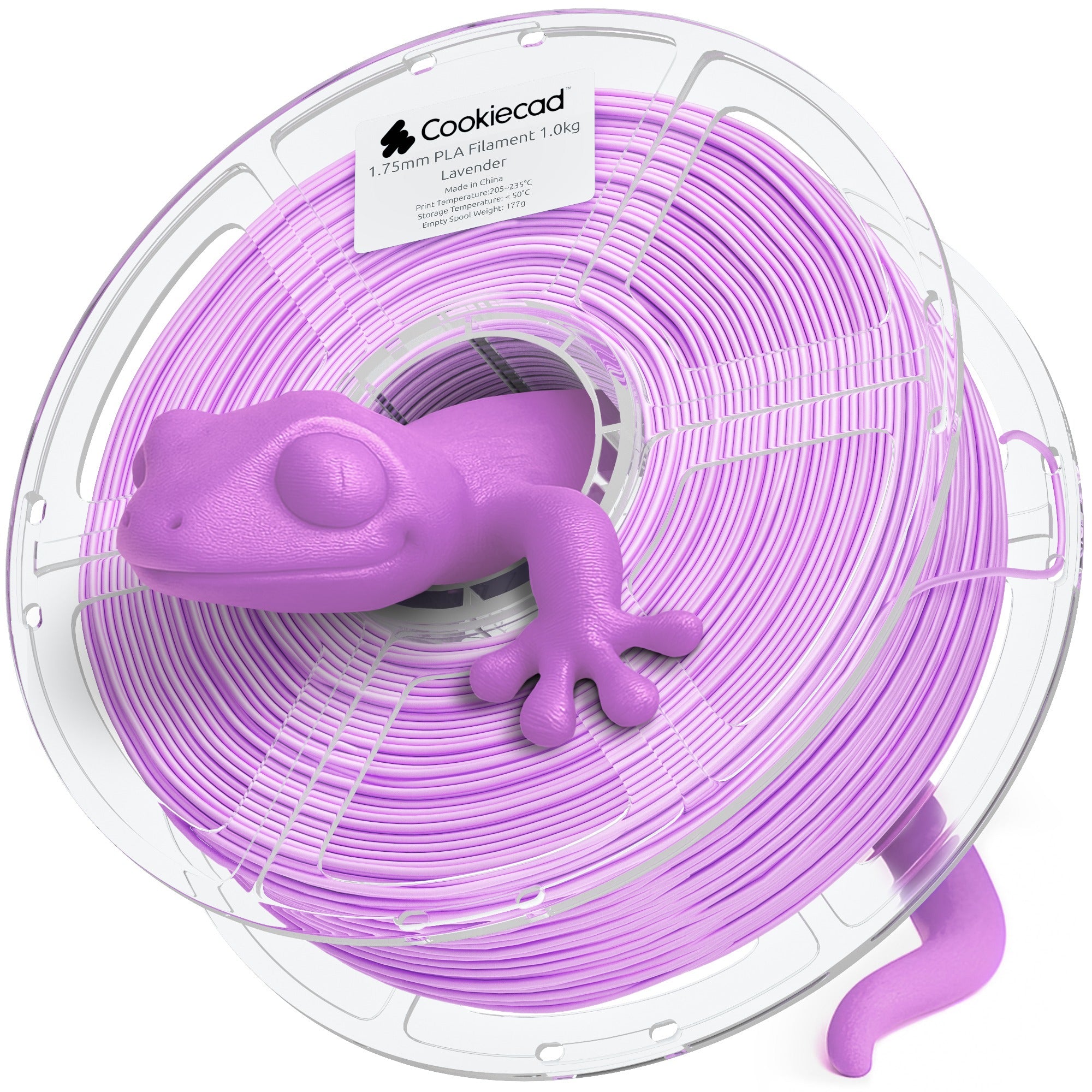 Cookiecad Lavender PLA filament spool with a 3D printed gecko