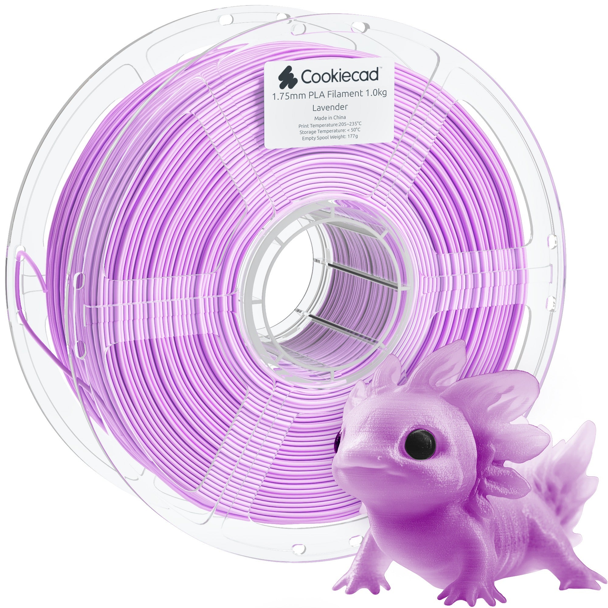 Cookiecad Lavender PLA filament spool with a 3D printed axolotl