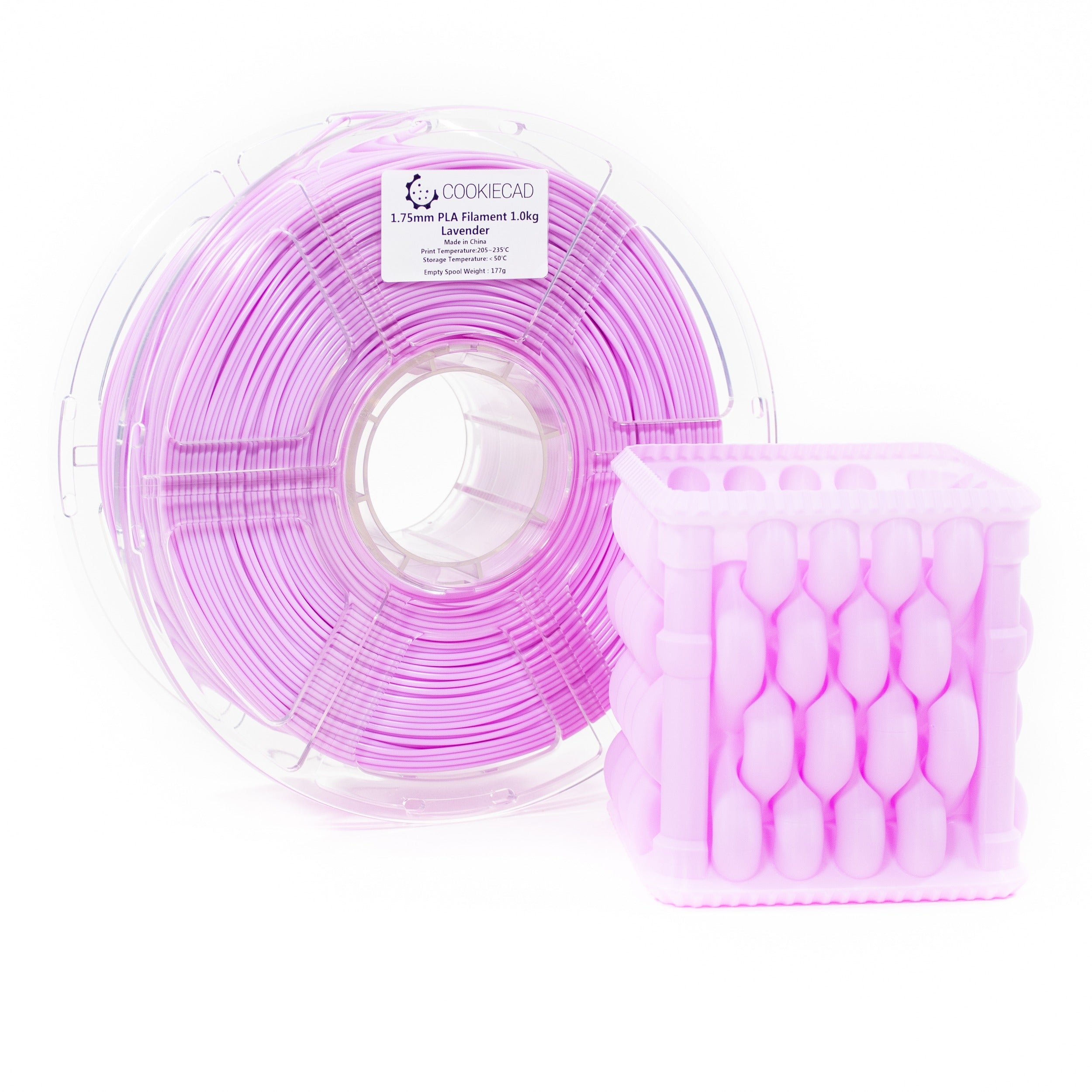 Cookiecad Lavender PLA filament spool with a 3D print
