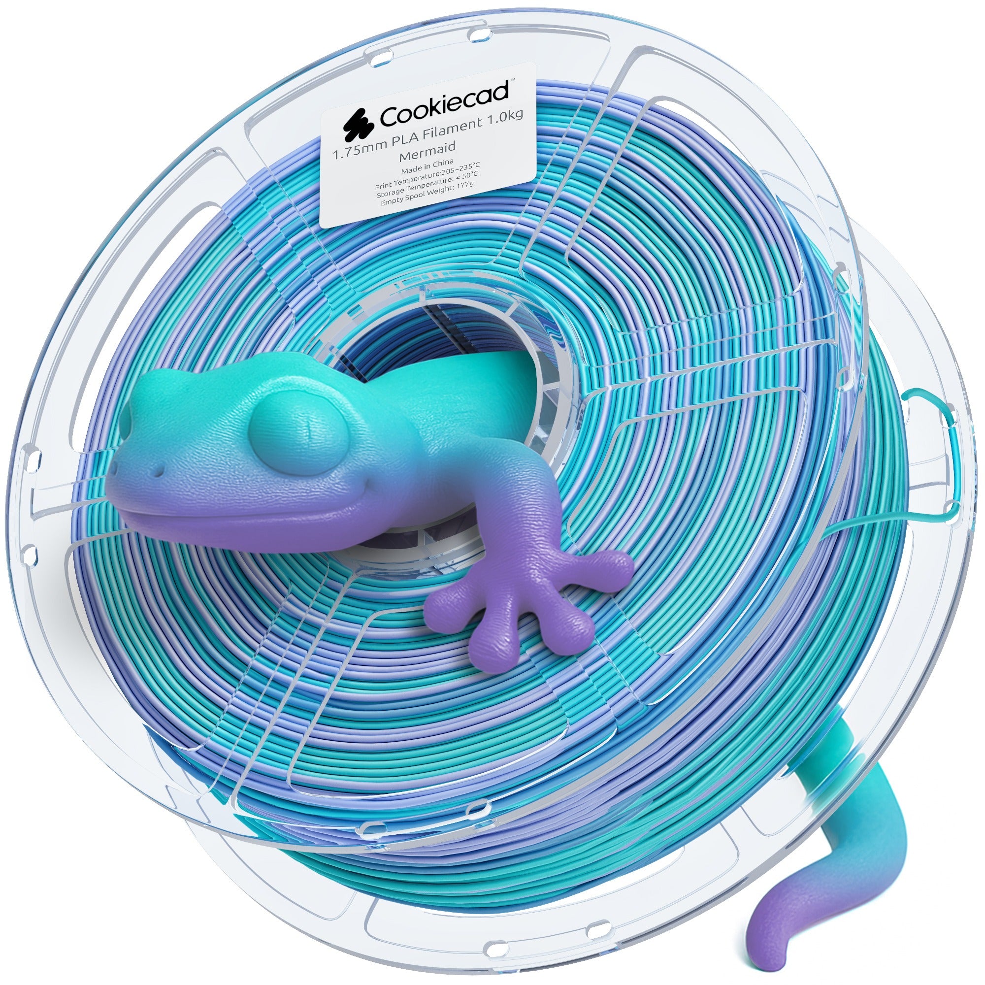 Cookiecad Mermaid PLA filament spool with a 3D printed gecko