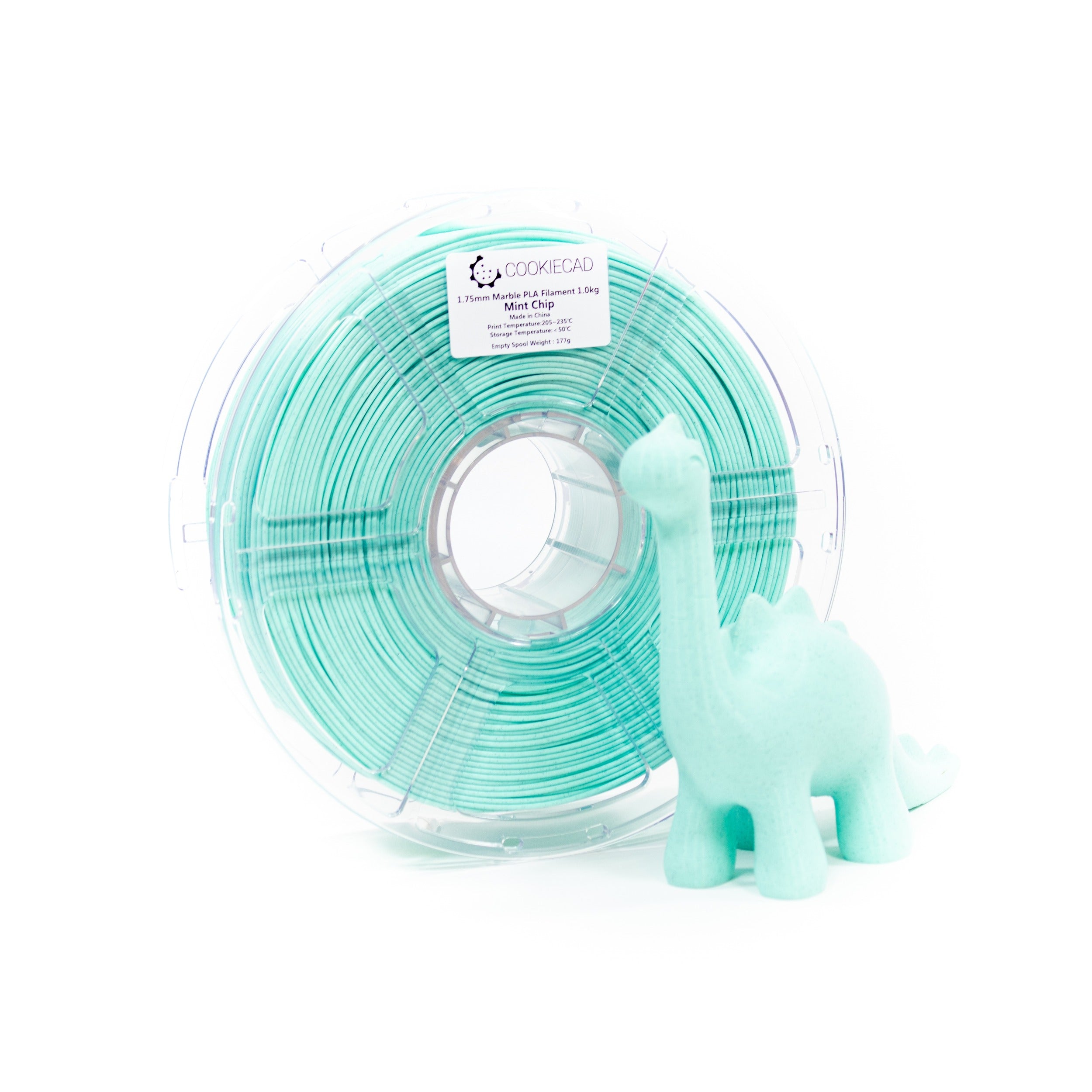 Cookiecad Mint Chip PLA filament spool with a 3D print