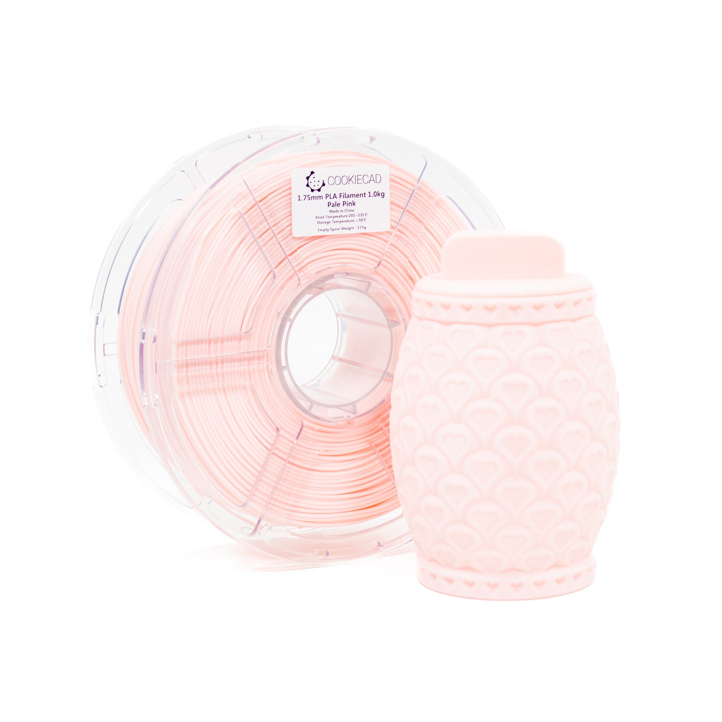 Cookiecad Pale Pink PLA filament spool with a 3D print