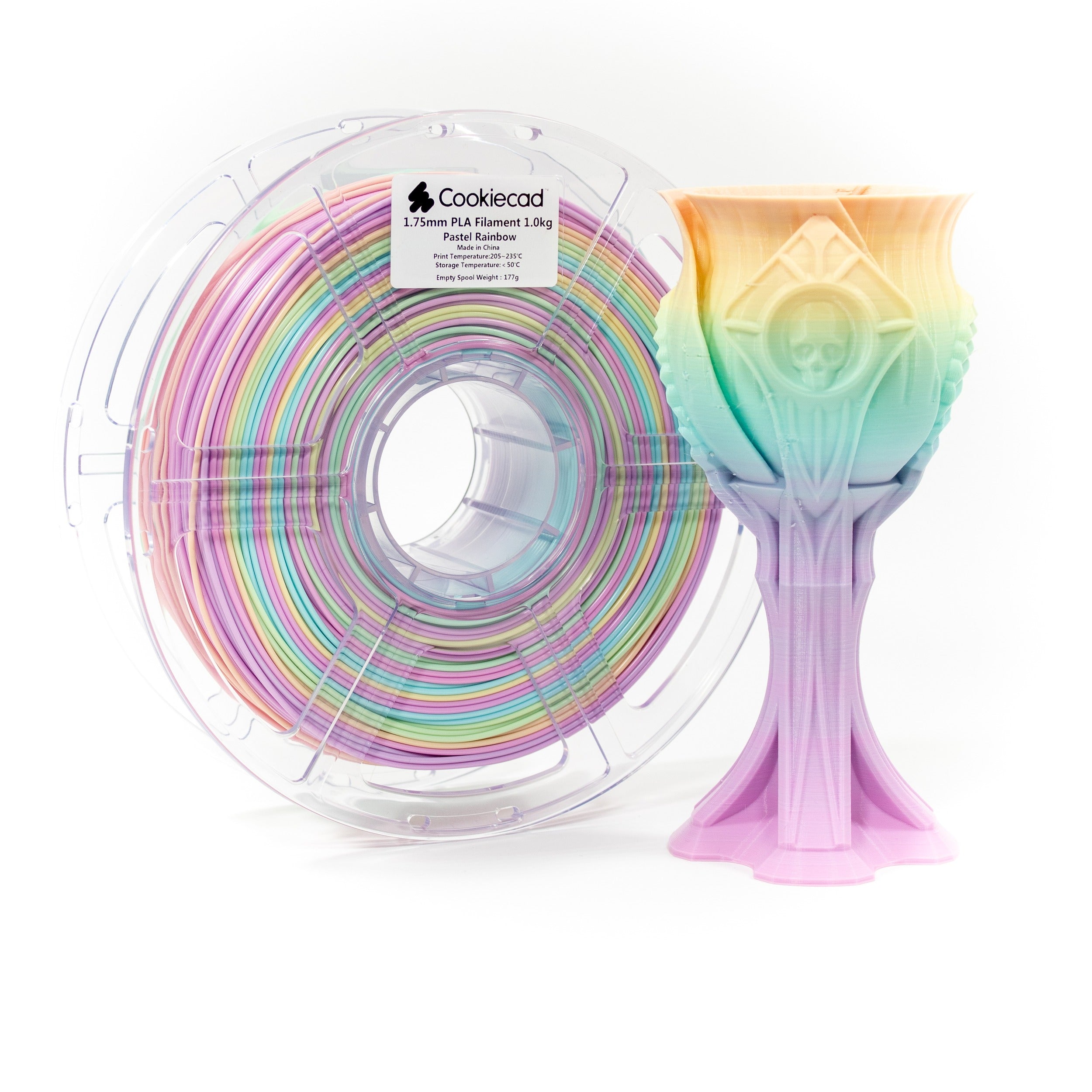 Cookiecad Pastel Rainbow PLA filament spool with a 3D print