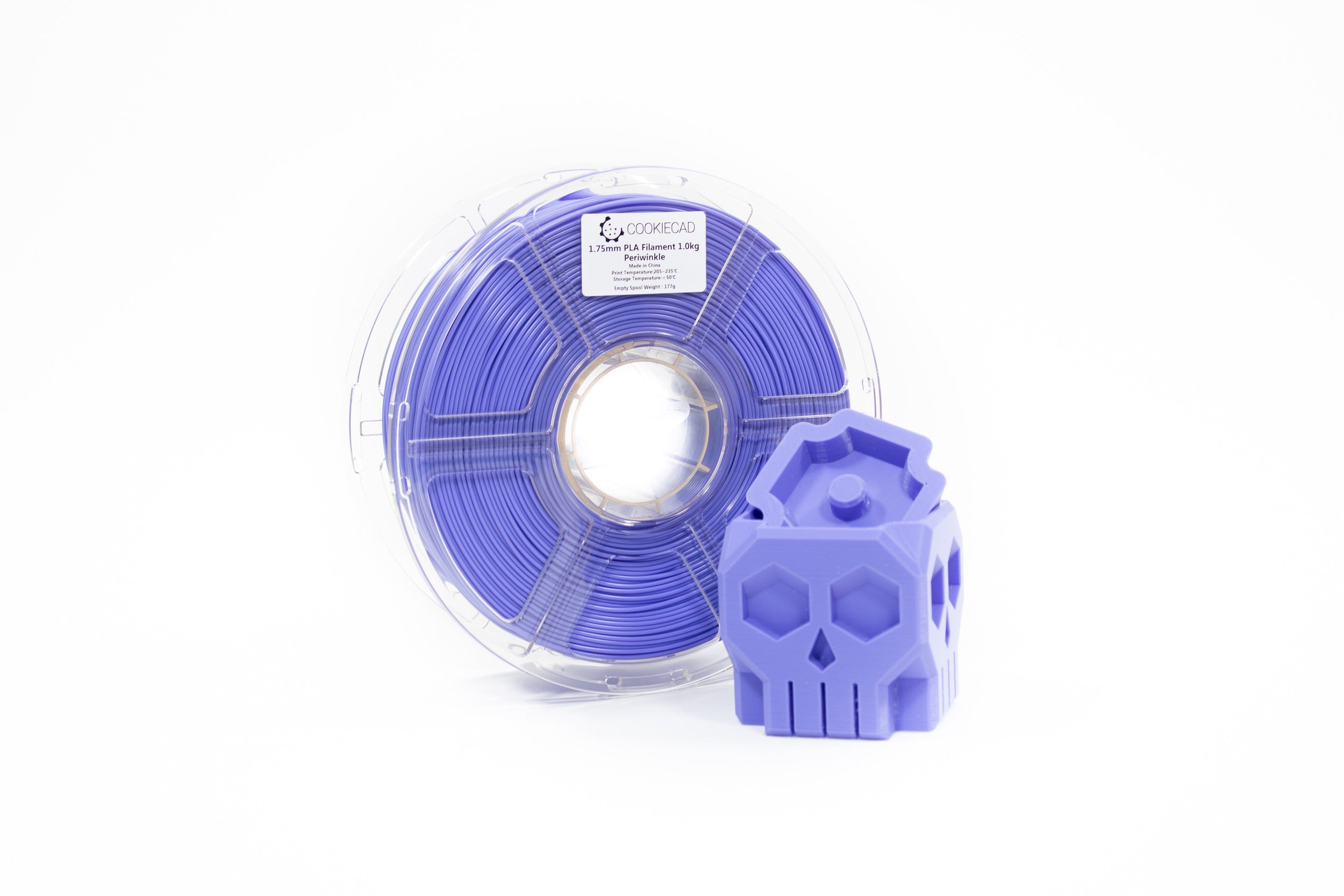 Cookiecad Periwinkle PLA filament spool with a 3D print