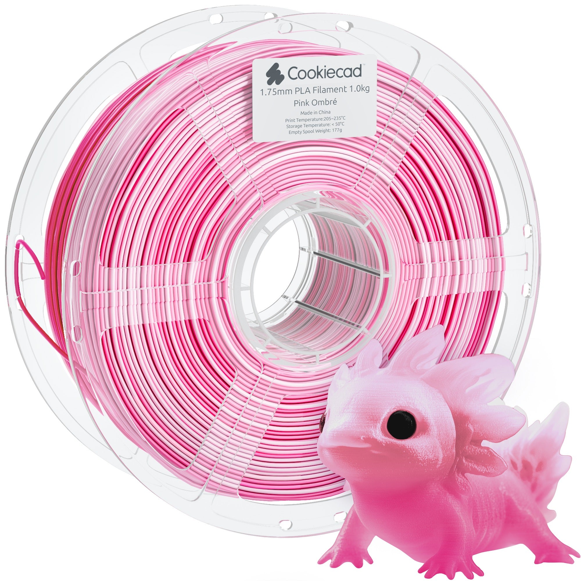 Cookiecad Pink Ombré PLA filament spool with a 3D printed axolotl