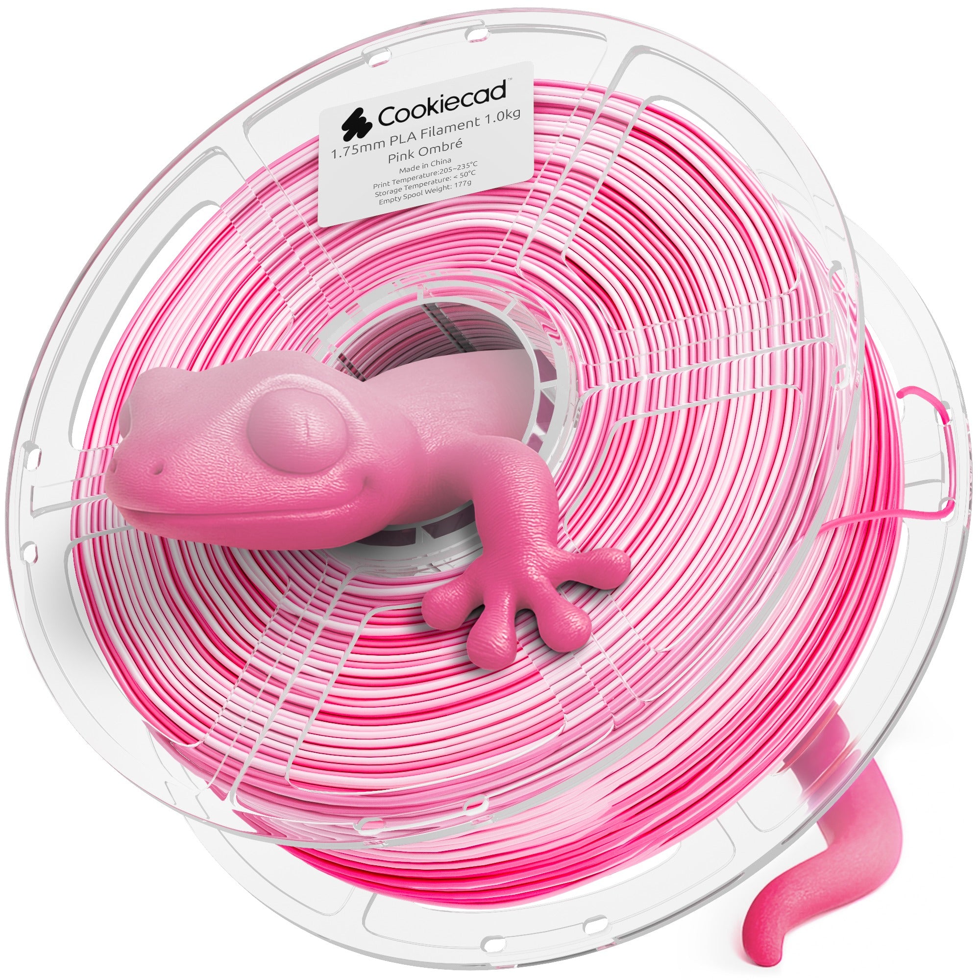 Cookiecad Pink Ombré PLA filament spool with a 3D printed gecko