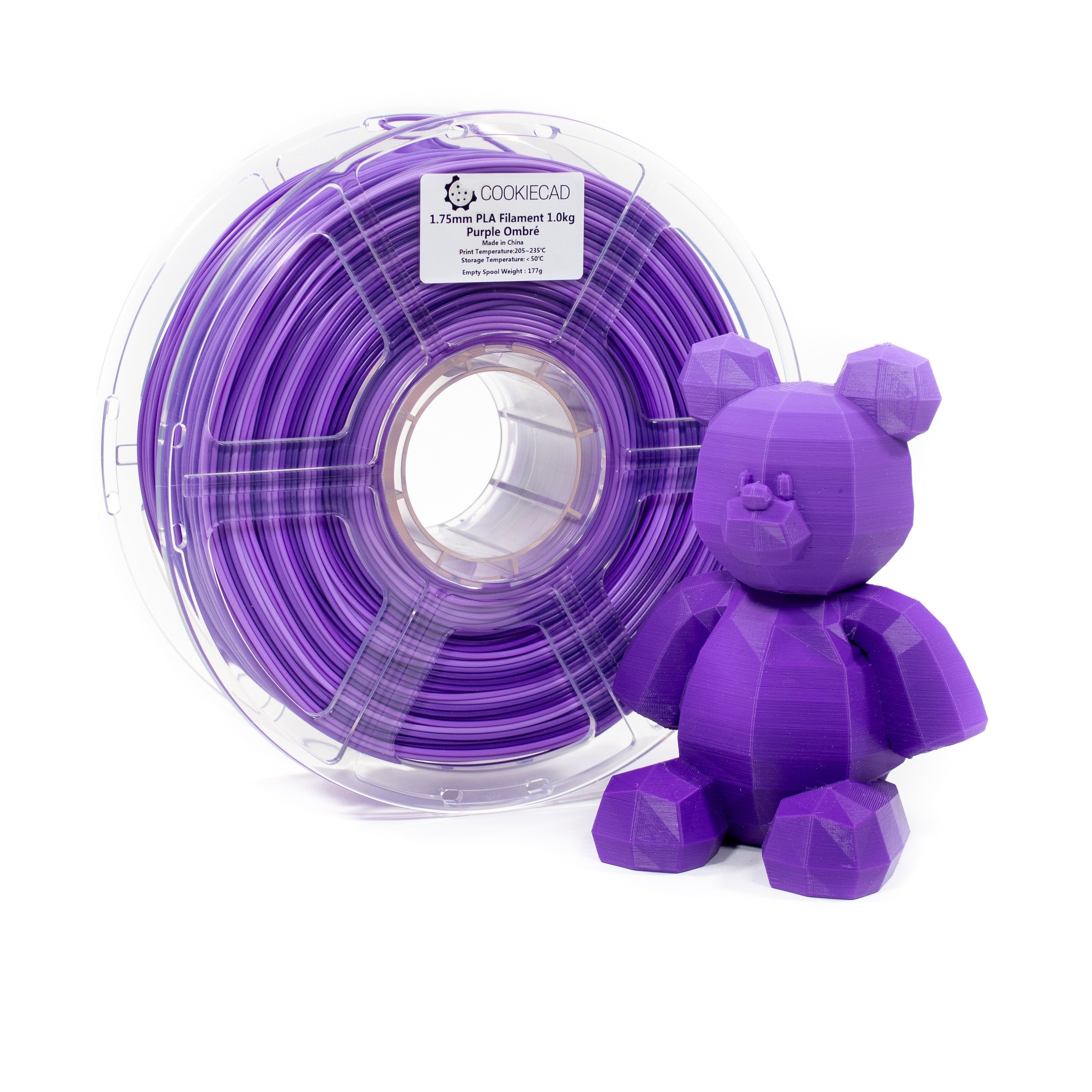 Cookiecad Purple Ombré PLA filament spool with a 3D print