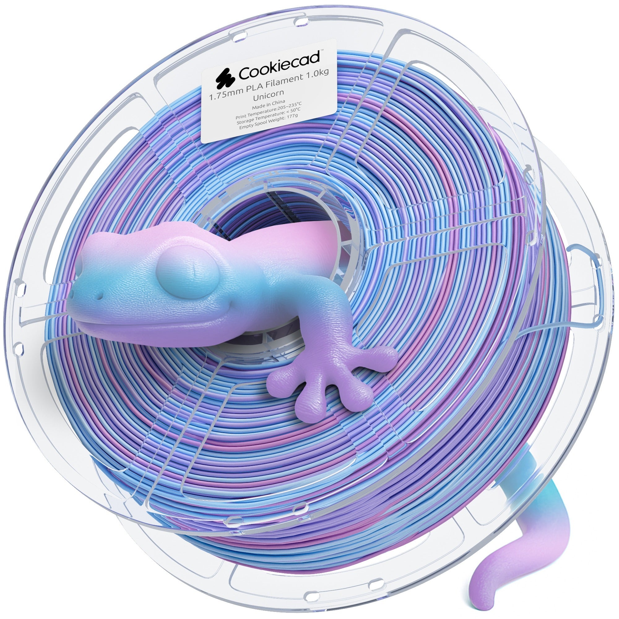 Cookiecad Unicorn PLA filament spool with a 3D printed gecko