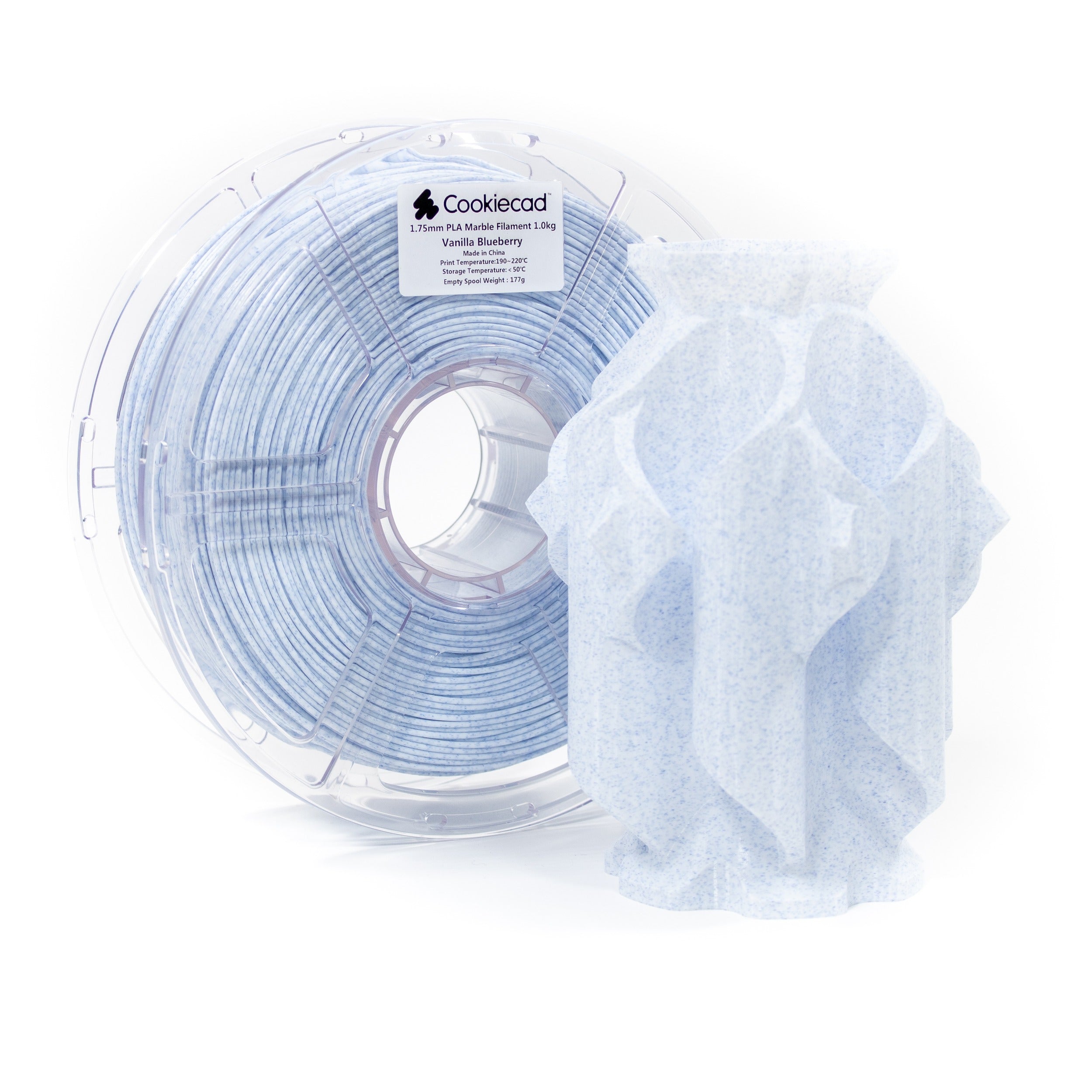 Cookiecad Vanilla Blueberry PLA filament spool with a 3D print