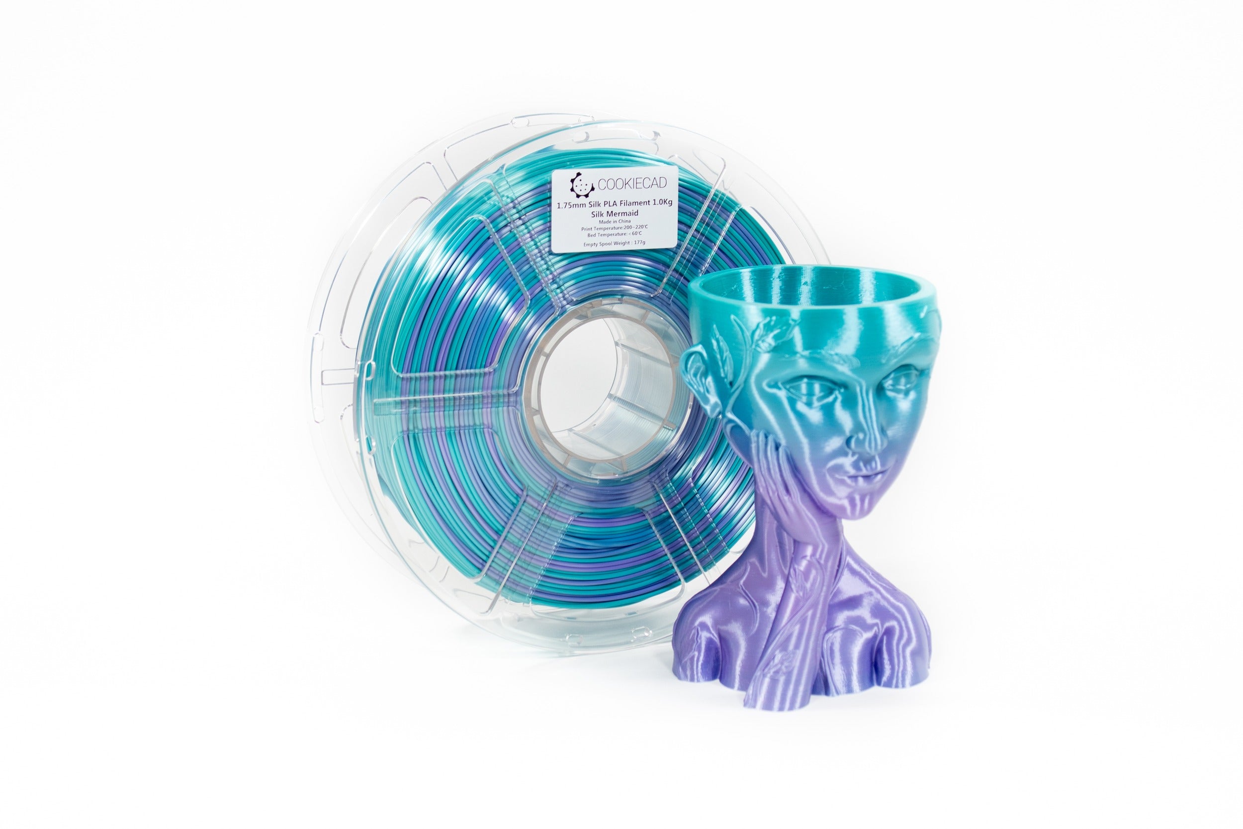 Cookiecad Mermaid silk PLA filament spool with a 3D print