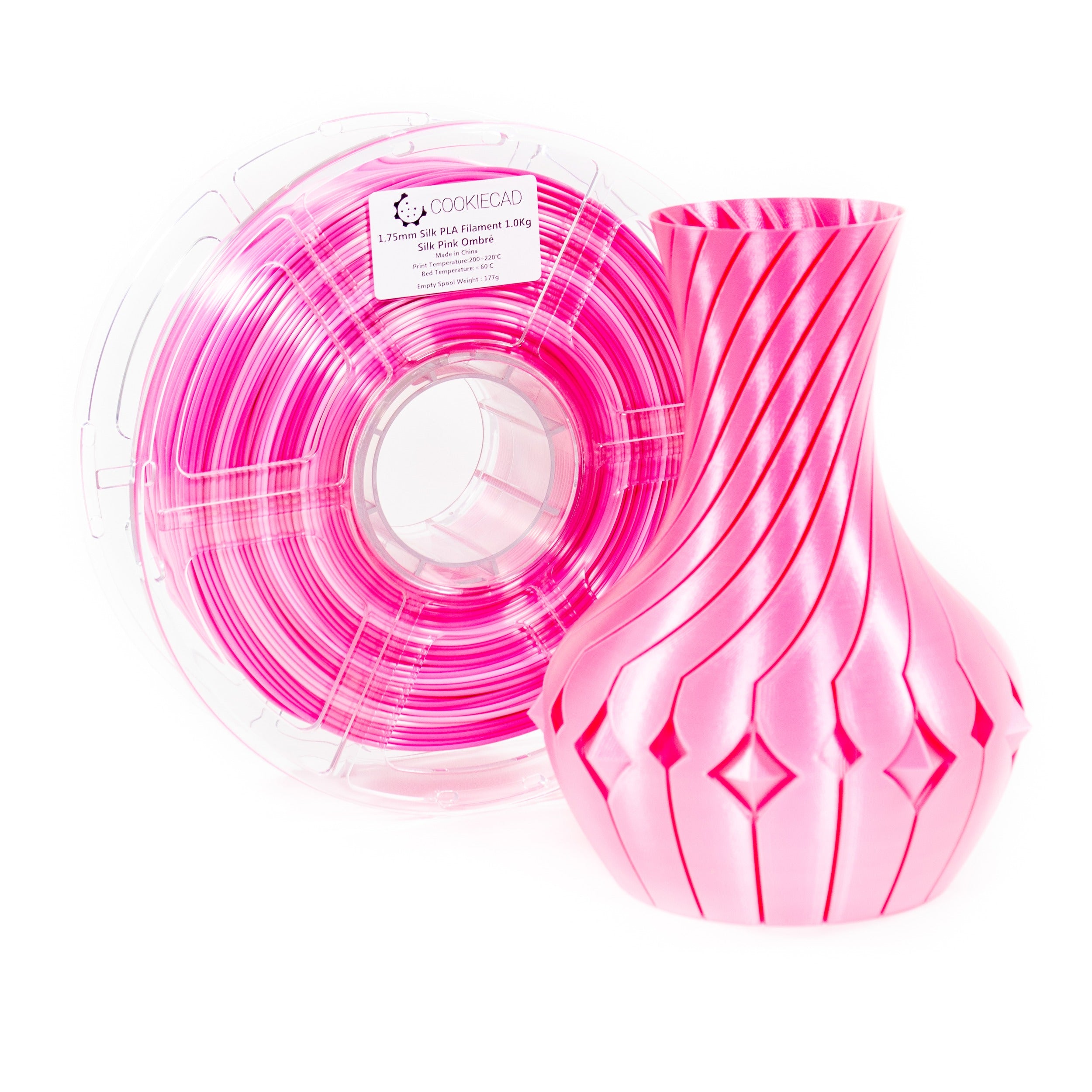 Cookiecad Pink Ombré silk PLA filament spool with a 3D print