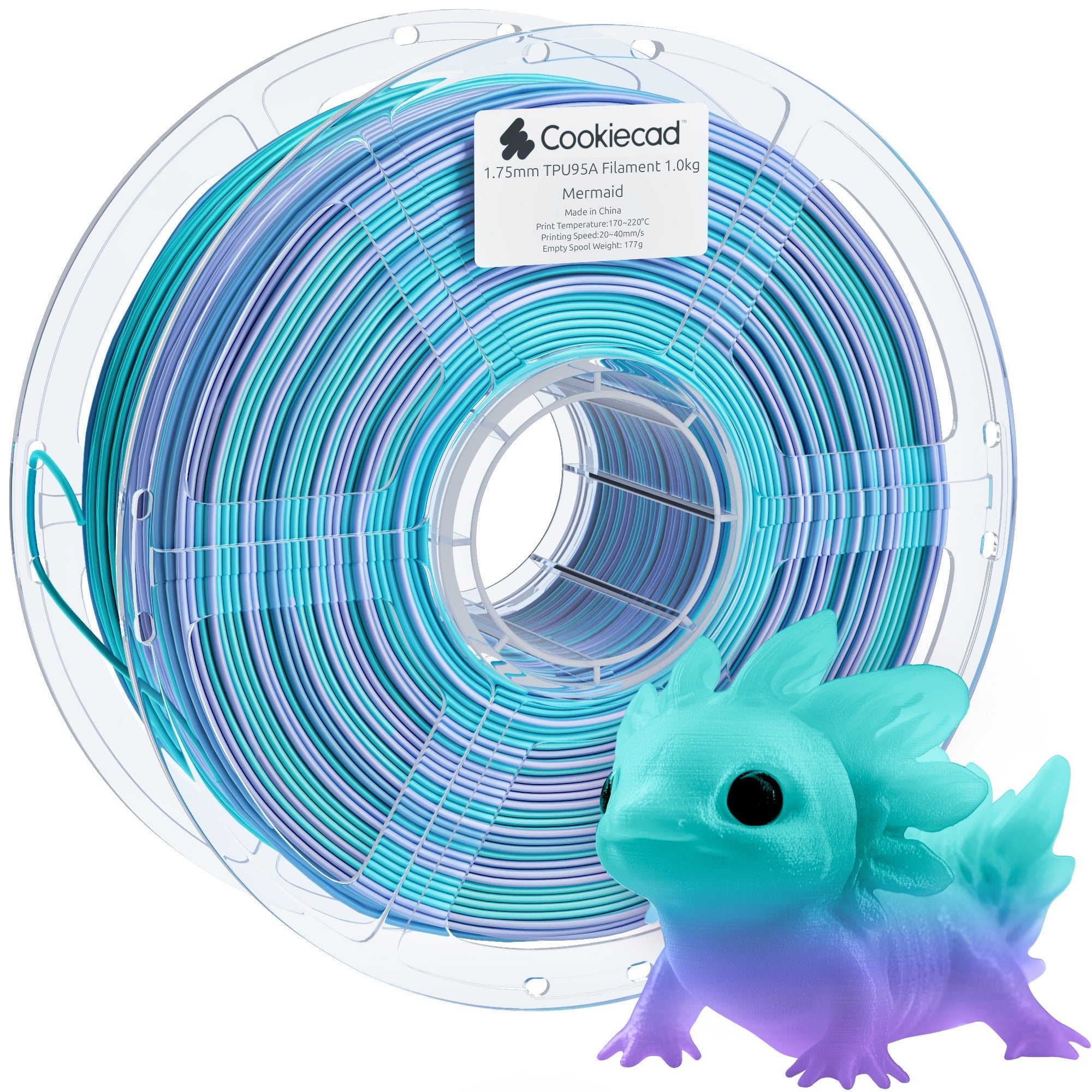 Cookiecad Mermaid TPU filament spool with a 3D printed axolotl